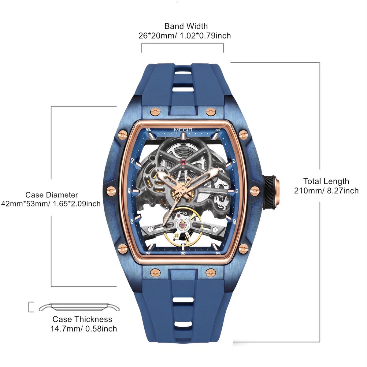 MEGIR Original Fashion Men Watches Automatic Mechanical Watch Steel Case Sport Skeleton Dial Wristwatch Waterproof Clock Reloj Hombre 2242